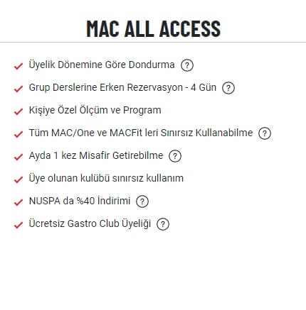 MACFit MAC All Access üyelik özellikleri ve fiyatları